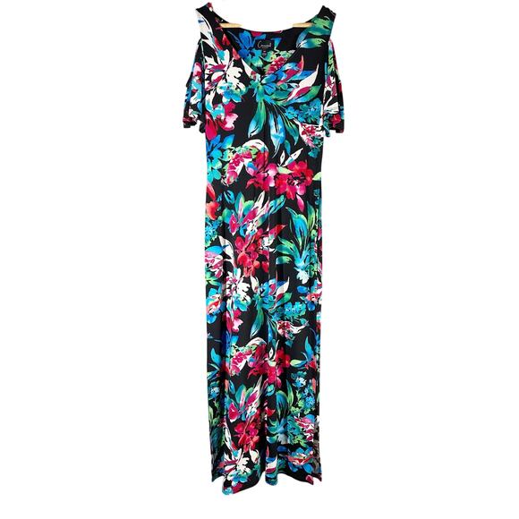 Connected Petite Dark Floral Tropical Cold-Shoulder Maxi Dress Size 6 Petite - Picture 2 of 10